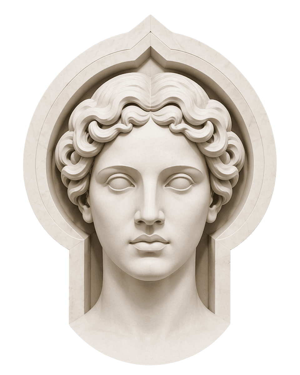 Classical marble bust inside an arched frame